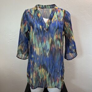Tina Stephens Tunic Blouse Womens XS V-Neck 3/4 Sleeve Multicolor USA